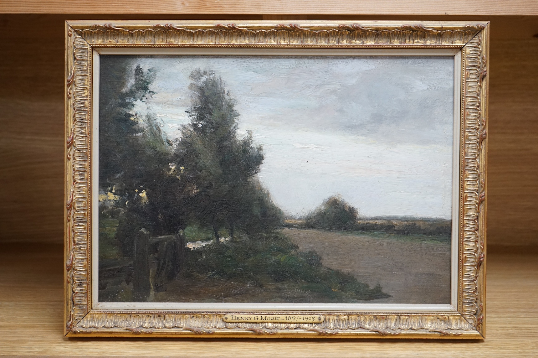 Henry G. Moon (1857-1905), oil on canvas, Riverscape, signed in ink verso, inscribed plaque, 24 x 34cm, gilt frame. Condition - good